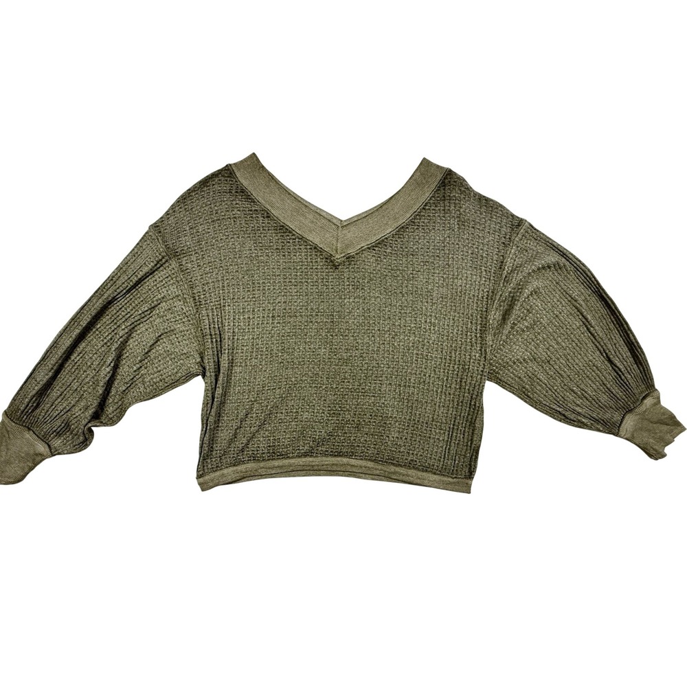 We The Free People Oversized Waffle Knit Top XS Green Thermal Festival Goth Boho